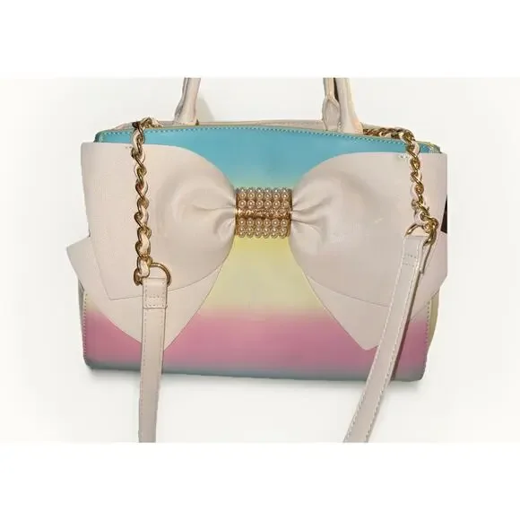 Betsy Johnson Bow Satchel Bag – CLEAN – Pastel Rainbow Ombré – Pearl Detail - Picture 3 of 15